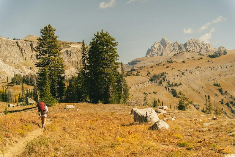 A hiker with a red backpack walking a golden meadow trail toward jagged granite peaks.